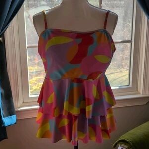 Colorful Tiered Ruffle Swim Top - Pink Multi